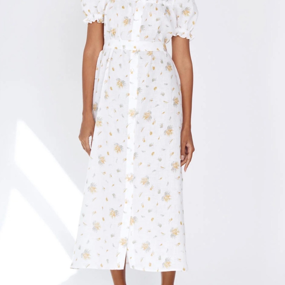 Sleeper Brigitte Floral-Print Midi Linen Dress in MIMOSA
